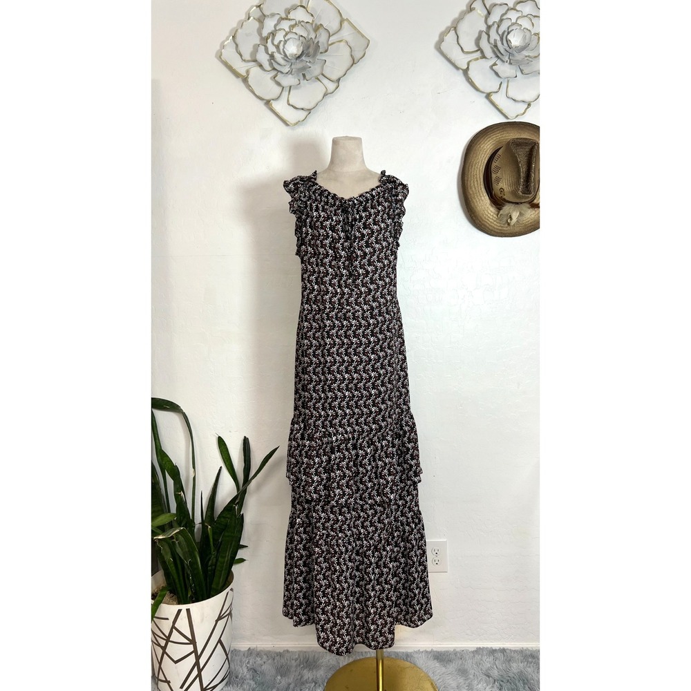 WHO WHAT WEAR Daisy Print Tiered Maxi Dress Black Pink White Size L Sleeveless